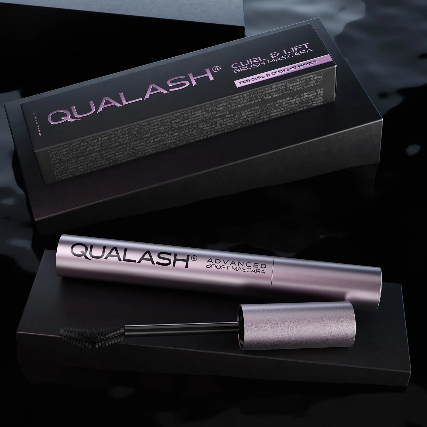 QUALASH Curl &amp; Lift Mascara with curved brush and retail box in black setting