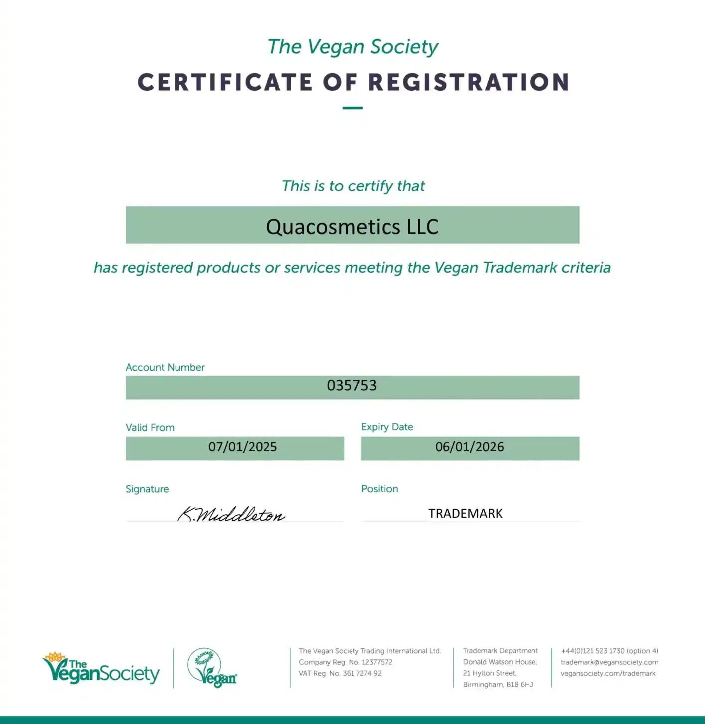 The vegan society certificate of registration for quacosmetics llc, featuring a clean white background with teal text and green accent bars.